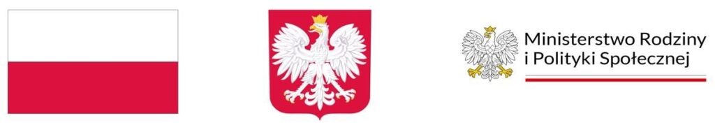 Logp przedstawiające flagę polski z lewej strony, godło orzeł po środku i logo Miniosterstwo Rodziny i Polityki Społecznej po prawej stronie